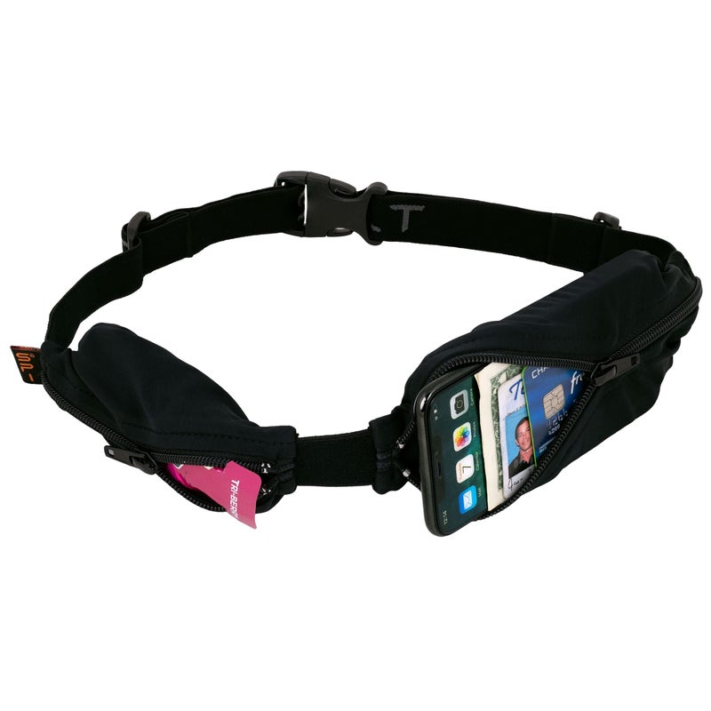 SPIbelt Double Pocket Running Belt, Women Men, Expandable Dual Pockets, Adjustable Waist, No Bounce, Black with Black Zipper